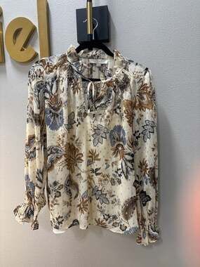 LOFT Floral Metallic Clip Dot Ruffle Neck Smocked Blouse